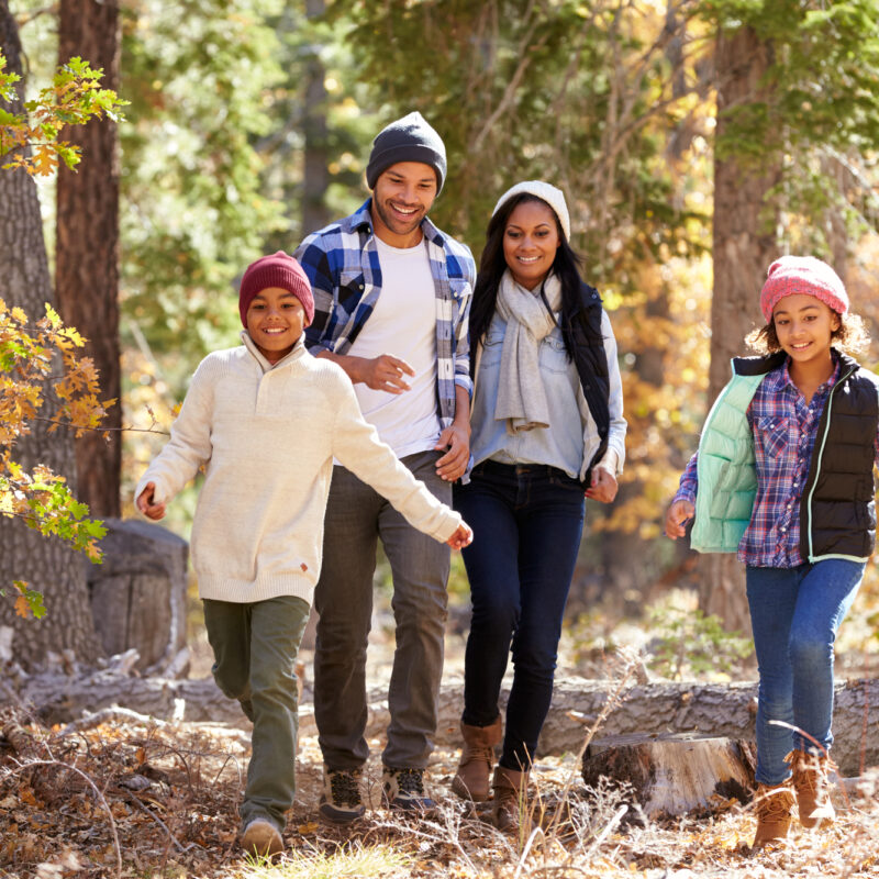 Family Walking Through Fall Woodland