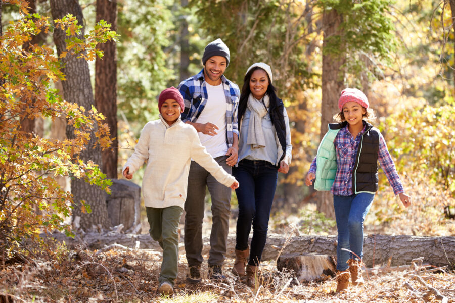 Family Walking Through Fall Woodland