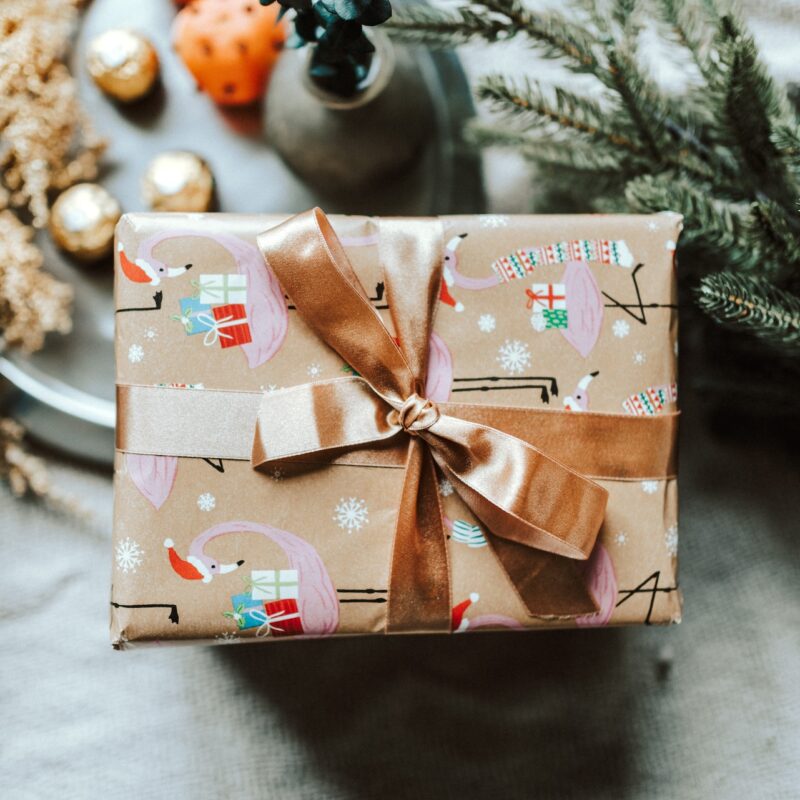 wrapped christmas gift surrounded by greenery