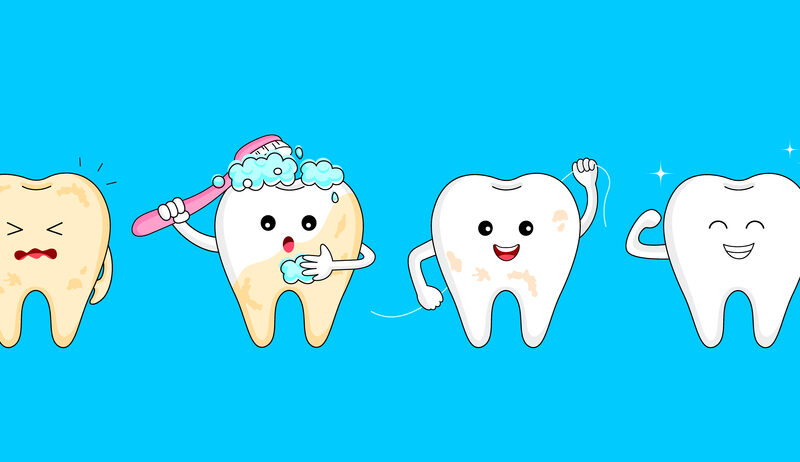 Four steps of cleaning tooth. Cartoon tooth character design, before and after. Whitening teeth, dental care concept.